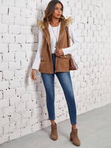 EMERY ROSE 有蓋口袋毛絨飾邊連帽背心大衣 - 軍綠色 - 查看 5