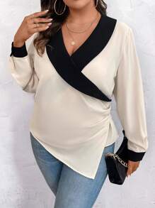 SHEIN Clasi 大碼拼接邊側收褶不對稱下擺襯衫