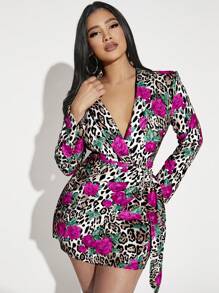 SHEIN SXY 豹紋和花卉印花垂褶側褶皺修身洋裝 - 彩色 - 查看 6