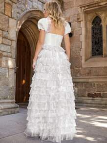 Puff Sleeve Layer Mesh Hem Wedding Dress - White - View 2