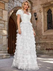 Puff Sleeve Layer Mesh Hem Wedding Dress - White - View 6