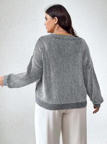SHEIN Unity Áo len chui đầu dáng rộng cổ chữ V tay dài họa tiết sọc đen trắng cỡ lớn dành cho nữ, mùa thu/đông - Đen và trắng - Xem 3