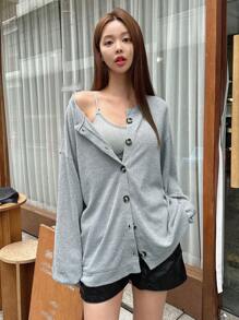 DAZY Chất rắn Nút phía trước Thả vai áo - Xám - Xem 5