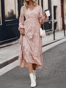 SHEIN LUNE Ditsy Floral Print Lantern Sleeve Ruffle Hem Dress - Pink - View 3