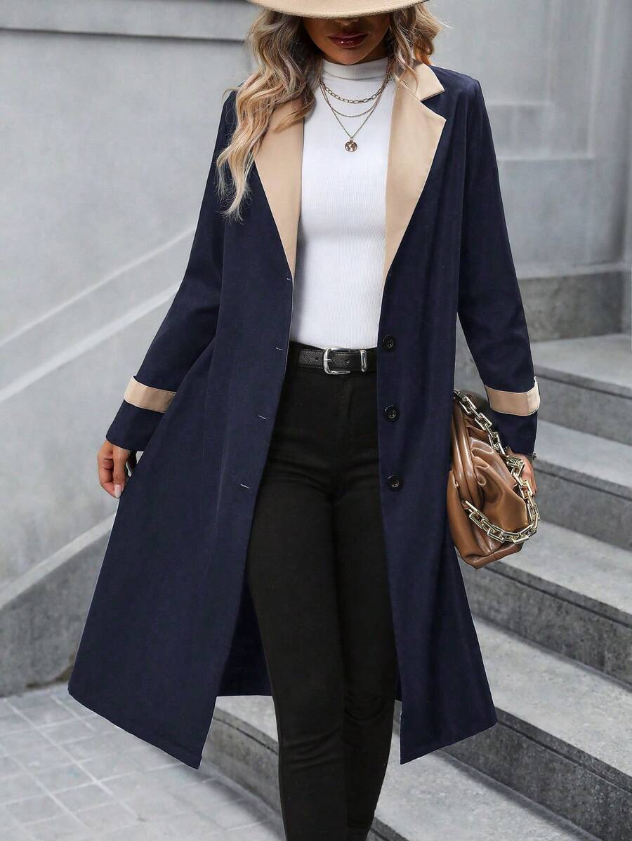 SHEIN LUNE Contrast Panel Lapel Collar Belted Trench Coat - Navy Blue - View 1