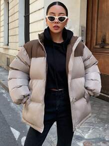 DAZY Áo khoác phao hai tông màu có khóa kéo, túi dày, quần áo mùa đông cho nữ, áo khoác mùa đông cho nữ - Màu Khaki - Xem 8