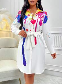 SHEIN Slayr 潑墨印花束帶襯衫洋裝