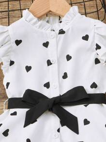 SHEIN Leap Crew Tween Girl Heart Print Ruffle Trim High Low Hem Belted Shirt & Pants - Black and White - View 3