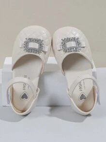 Flache Kinderschuhe Mit Viereckigen Strasssteinen, Einfachem Und Bequemen Design, Obermaterial Aus Pu Leder