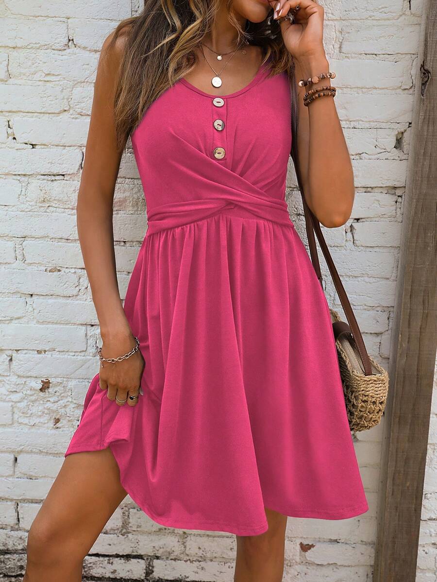 SHEIN LUNE 交叉圍裹前紐扣洋裝 - 玫紅色 - 查看 1