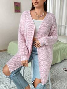 Flirla Plus Chevron Pattern Drop Shoulder Duster Cardigan - Multicolor - View 5