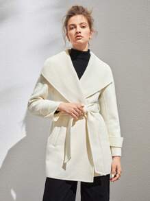 Anewsta Waterfall Collar Belted Overcoat - White - View 1