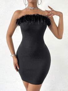 Zolique Fuzzy Trim Tube Bodycon Sweater Dress - Black - View 1