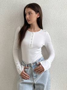 SHEIN Unity Women's Casual Everyday Commute Simple Solid Color Ribbed Knit Button-Up Long Sleeve Bodysuit, Spring/Autumn - White - View 3