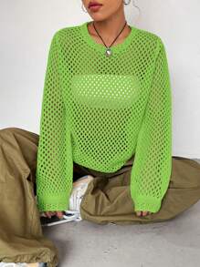 SHEIN Unity 百搭休闲纯色镂空透视圆领长袖毛衣 - 綠色 - 查看 1