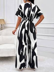 SOLERSUN Graphic Print Batwing Sleeve Wide Leg Jumpsuit - Black and White - View 2