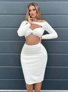 SHEIN SXY 一字肩前扭結鏤空緊身毛衣洋裝 - 白色 - 查看 5