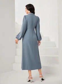 Modelyn Pearl Detail Lantern Sleeve Pleated Hem Dress - Grey - View 2