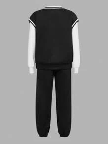 SHEIN Chicos Pantalones deportivos con sudadera con estampado de letra ribete de rayas sin camiseta - Blanco y Negro - Ver 3