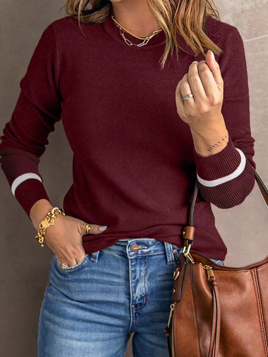 CILKOO 拼接邊圓領套頭毛衣 - 酒紅色 - 查看 1