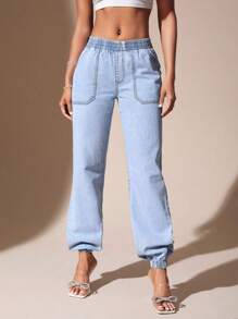 SHEIN BAE 口袋純色女士牛仔褲