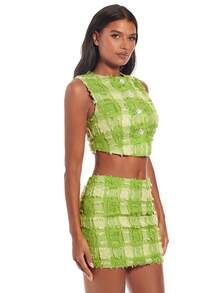 SHEIN BAE Plaid Print Raw Trim Crop Tank Top & Bodycon Skirt - Green - View 6