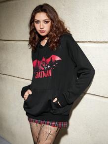 Batman X ROMWE Capucha con estampado de letra con bolsillo de canguro con cordón - Negro - Ver 5