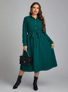 SHEIN Clasi Plus Solid Belted Shirt Dress - Green - View 1