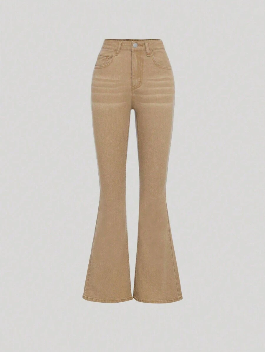 SHEIN Girlism Teen Girls Cat Whisker Flare Leg Jeans - Brown - View 1
