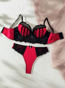 Conjunto de lencería de sujetador con aros y encaje de contraste talla grande tanga - Multicolor - Ver 3