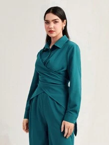 Mulvari 素色十字交叉襯衫和闊腿褲 - 水鴨藍 - 查看 5