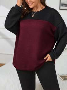 SHEIN Essnce Plus Two Tone Drop Shoulder Tee - Burgundy - View 3