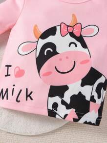 SHEIN Baby Girl 2sets Cow Print Snug Fit PJ Set - Pink - View 3