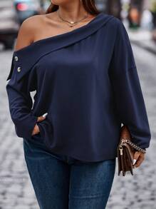 Celure 加纽扣细节不对称领口落肩衬衫女式单肩上衣衬衫 - 藏蓝色 - 查看 4