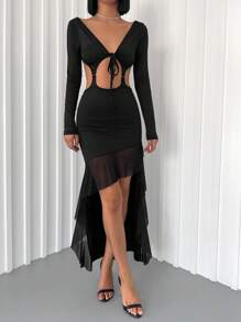 RueChic Tie Front Cut Out Waist Ruffle Hem Mesh Overlay Dress - Black - View 4