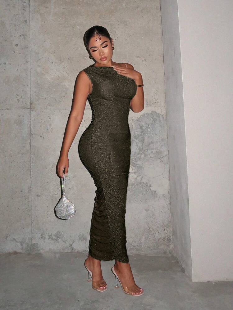Asymmetrical Neck Ruched Sequin Bodycon Dress