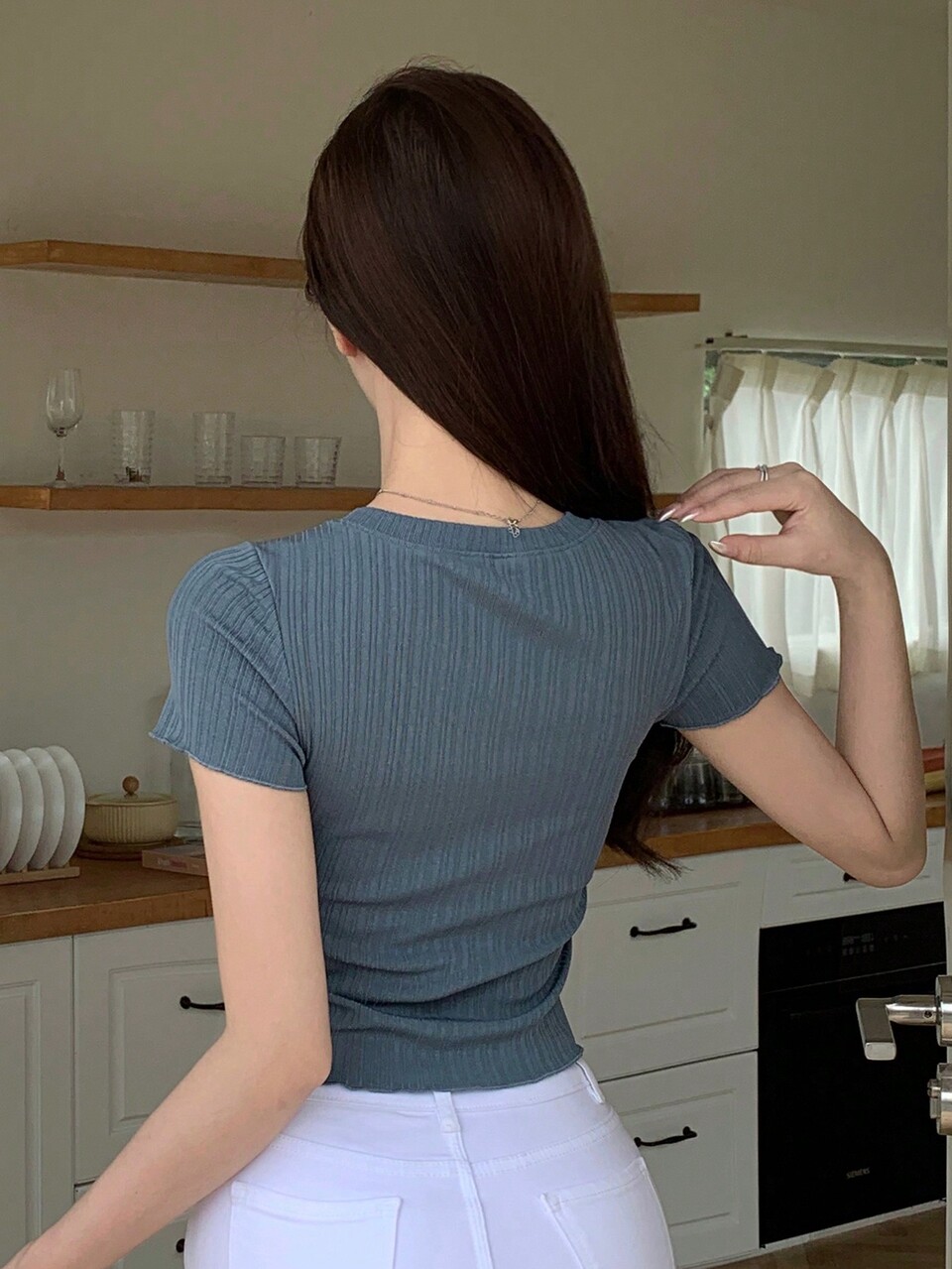 Solid Button Front Lettuce Trim Crop Tee