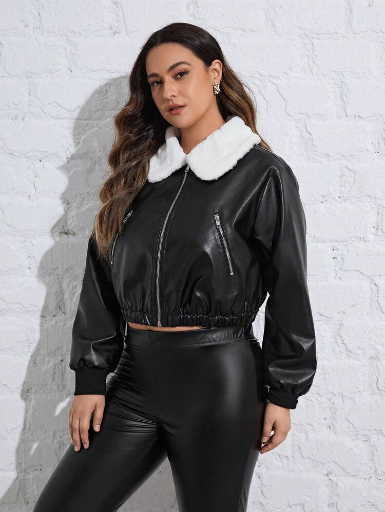 Plus Borg Collar Zip Up PU Leather Jacket