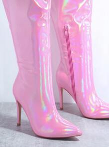 人造皮革尖頭細跟靴子 - 粉色 - 查看 7