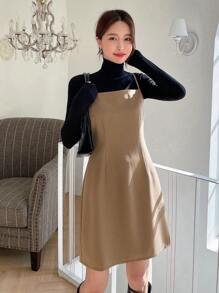 DAZY Vestido de tirantes unicolor sin camiseta - Caqui - Ver 3