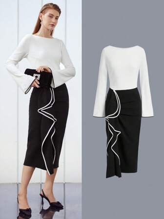 MOTF PREMIUM CONTRAST BINDING RUFFLE DRESS