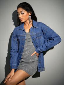 SHEIN BAE Flap Pocket Studded Hem Denim Jacket - Blue - View 4