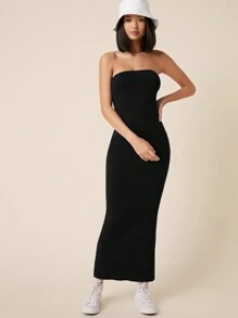 SHEIN BASICS Solid Bodycon Maxi Casual Dinner Dating Dress Tube Dress - Black - View 6