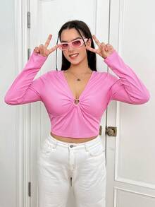 SHEIN EZwear Hơn Vòng trái tim liên kết Áo phông Crop - Hồng - Xem 4