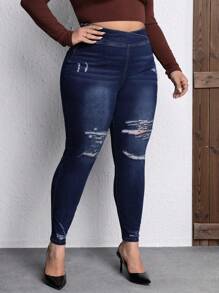 Plus High Waist Ripped Skinny Jeans - Blue - View 1