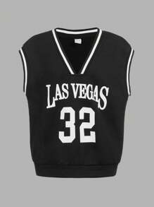 SHEIN Chicos Pantalones deportivos con sudadera con estampado de letra ribete de rayas sin camiseta - Blanco y Negro - Ver 6