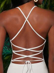 Travachic Vestido de tirantes de espalda abierta con cordón de muslo con abertura - Blanco - Ver 7