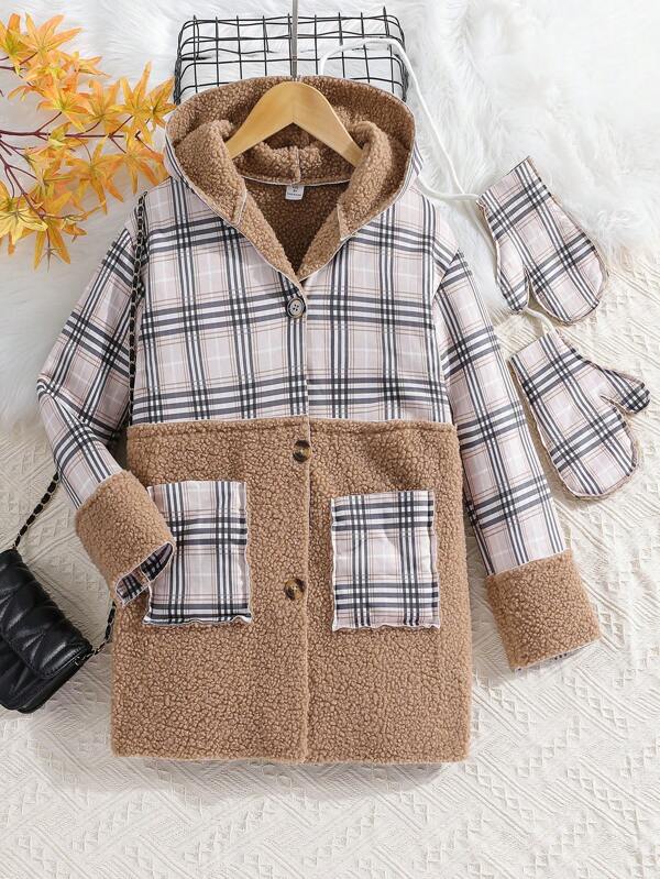 SHEIN Tween Girl Plaid Dual Pocket Hooded Overcoat