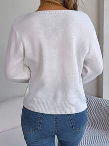 Square Neck Cable Knit Lantern Sleeve Sweater - White - View 2