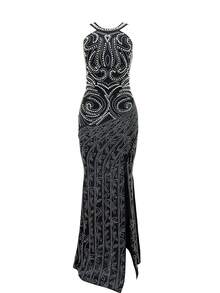 Split Thigh Pearls Beaded Detail Dress - Black - View 3